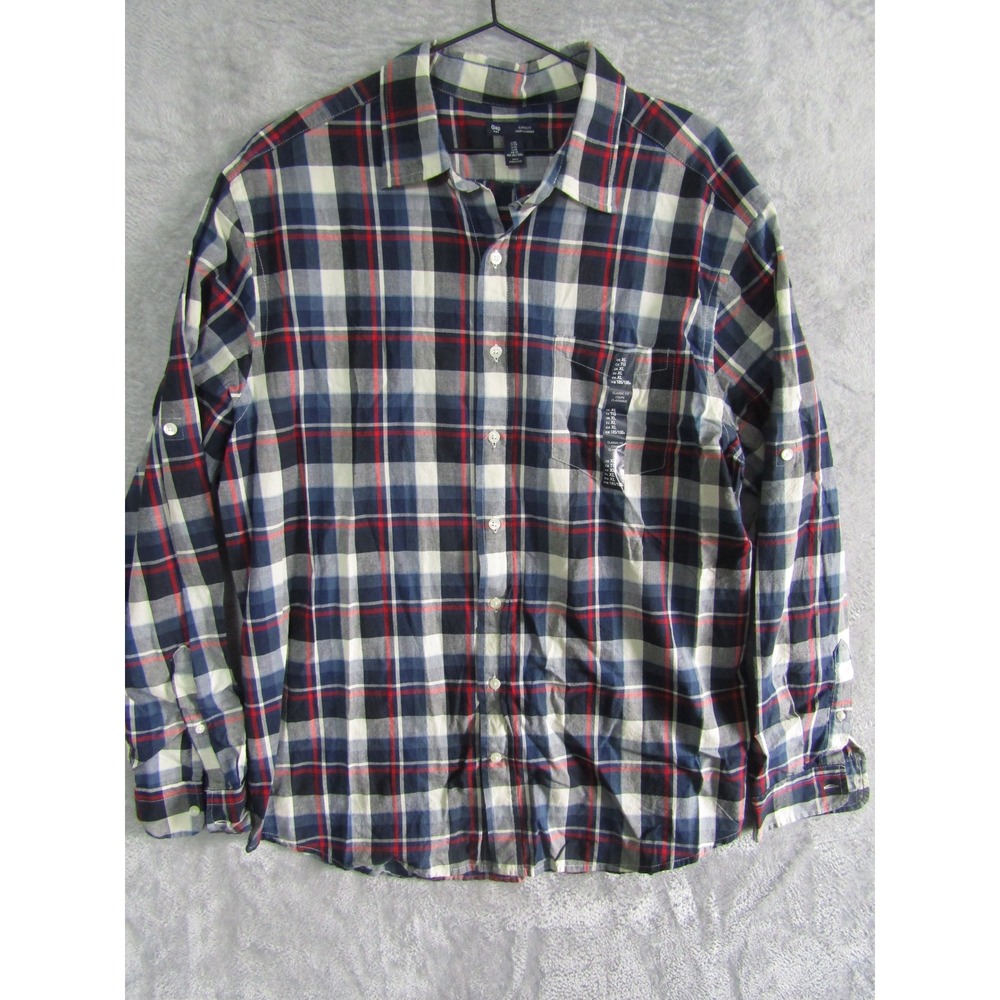 GAP Classic Fit Plaid Long Sleeve Button Up Shirt Mens XL Blue Red White